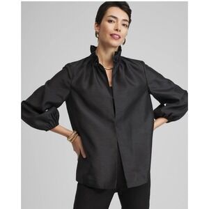 Chicos Black‎ Satin Ruffle Collar Jacket Pockets Size 1 Or Medium 8